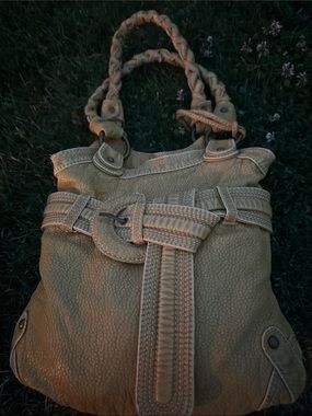 Braided-Handle Taupe Shoulder Tote with Belt Accent